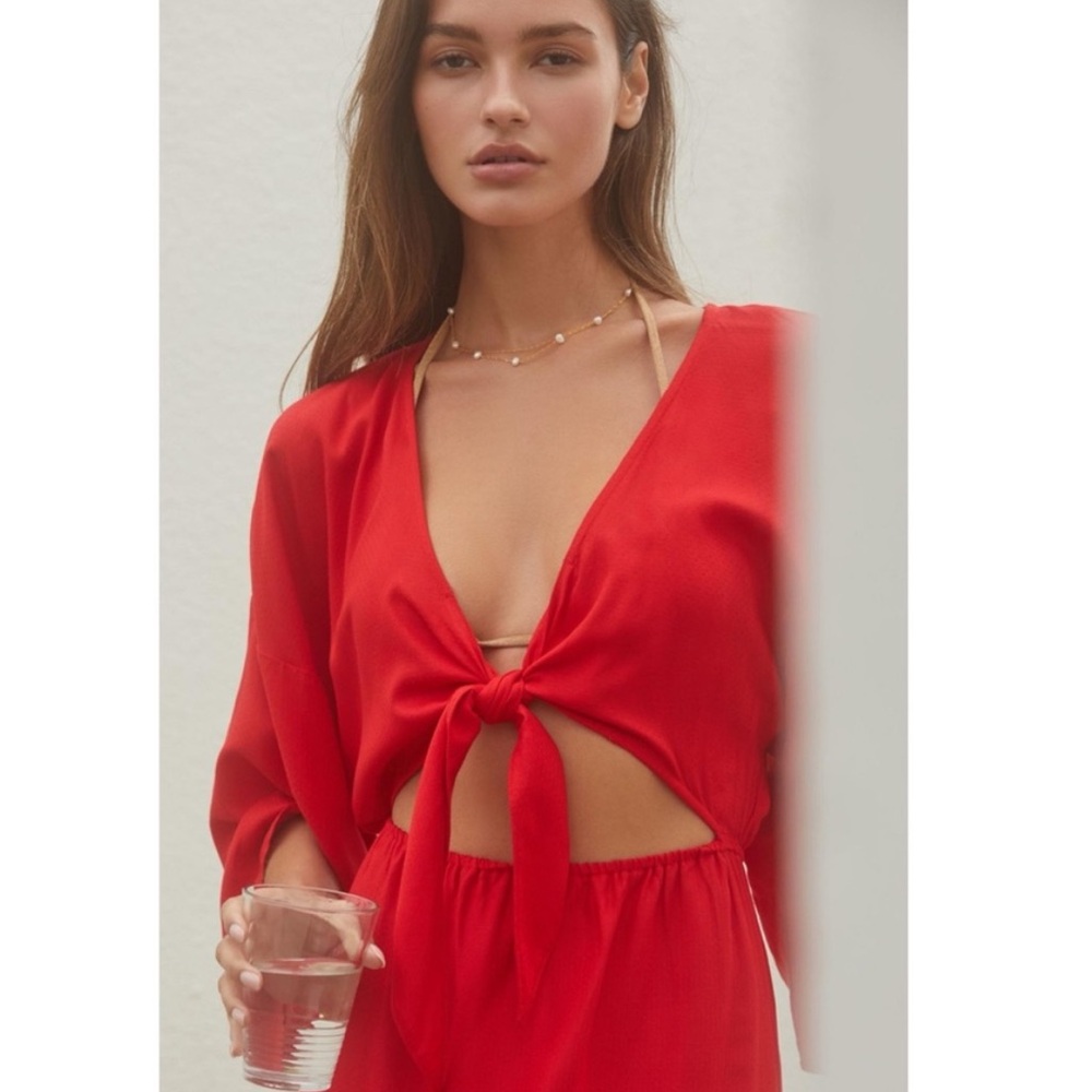 By Anthropologie Tie-Front Cover up Red Dress - Picture 3 of 11